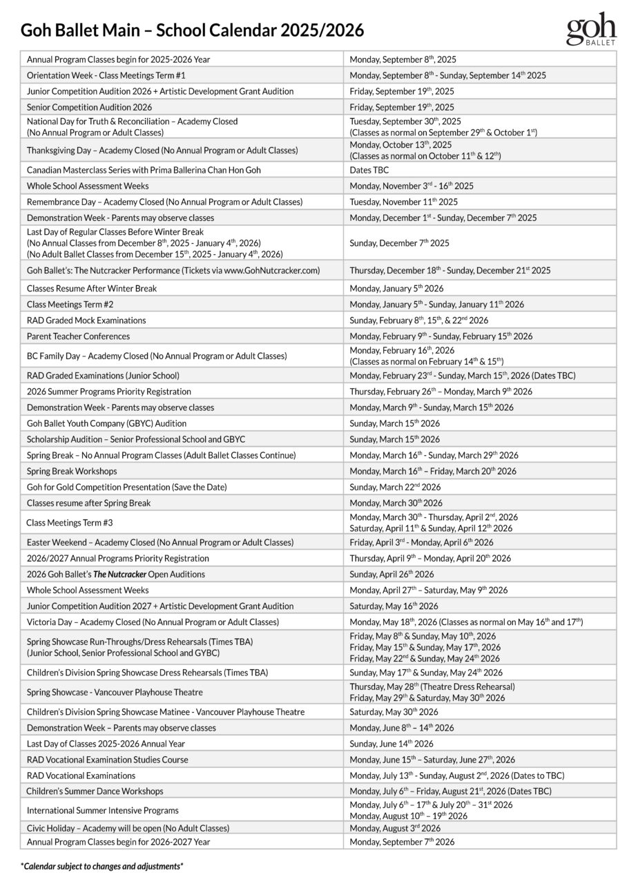 Vancouver Annual School Calendar - 2025/26