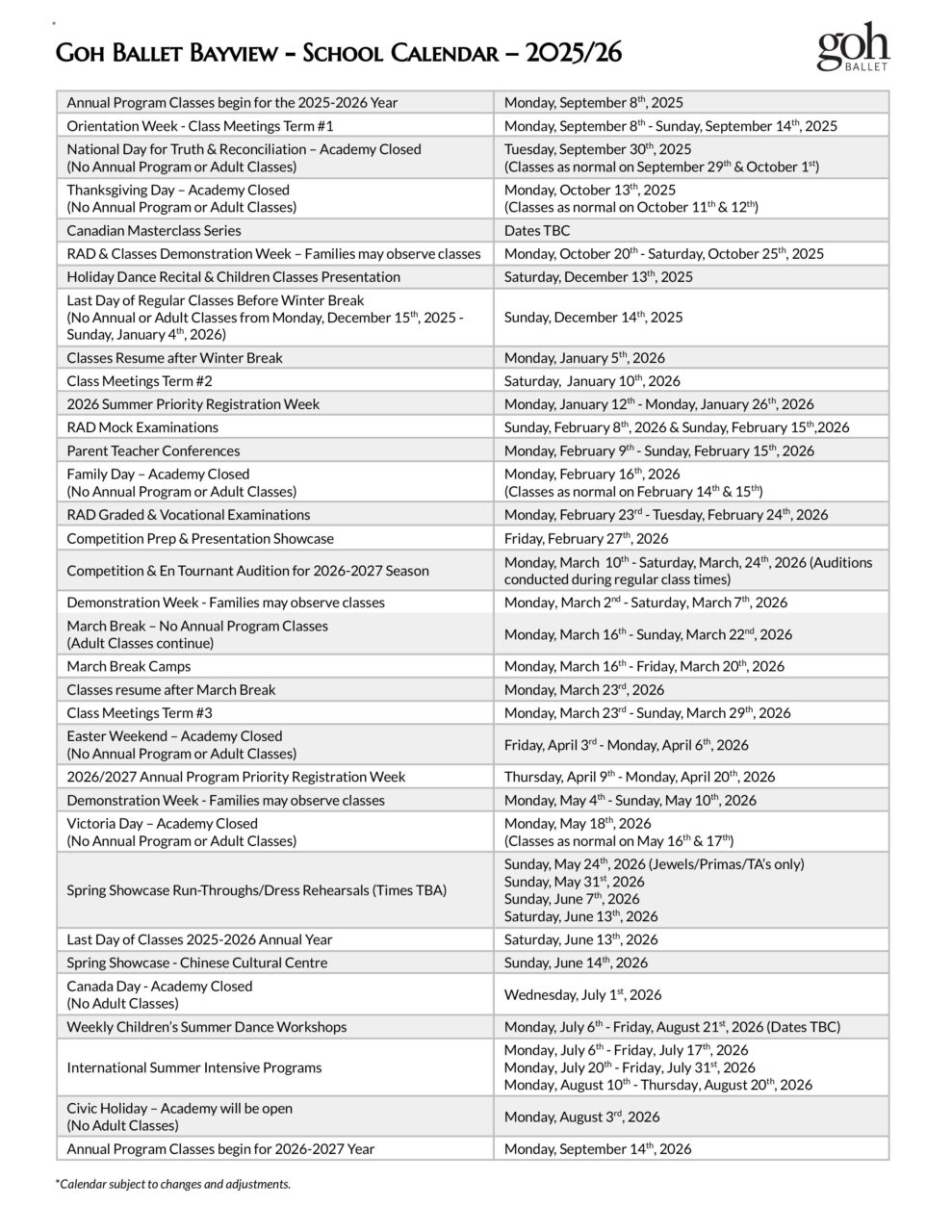 Toronto Annual School Calendar - 2025/26