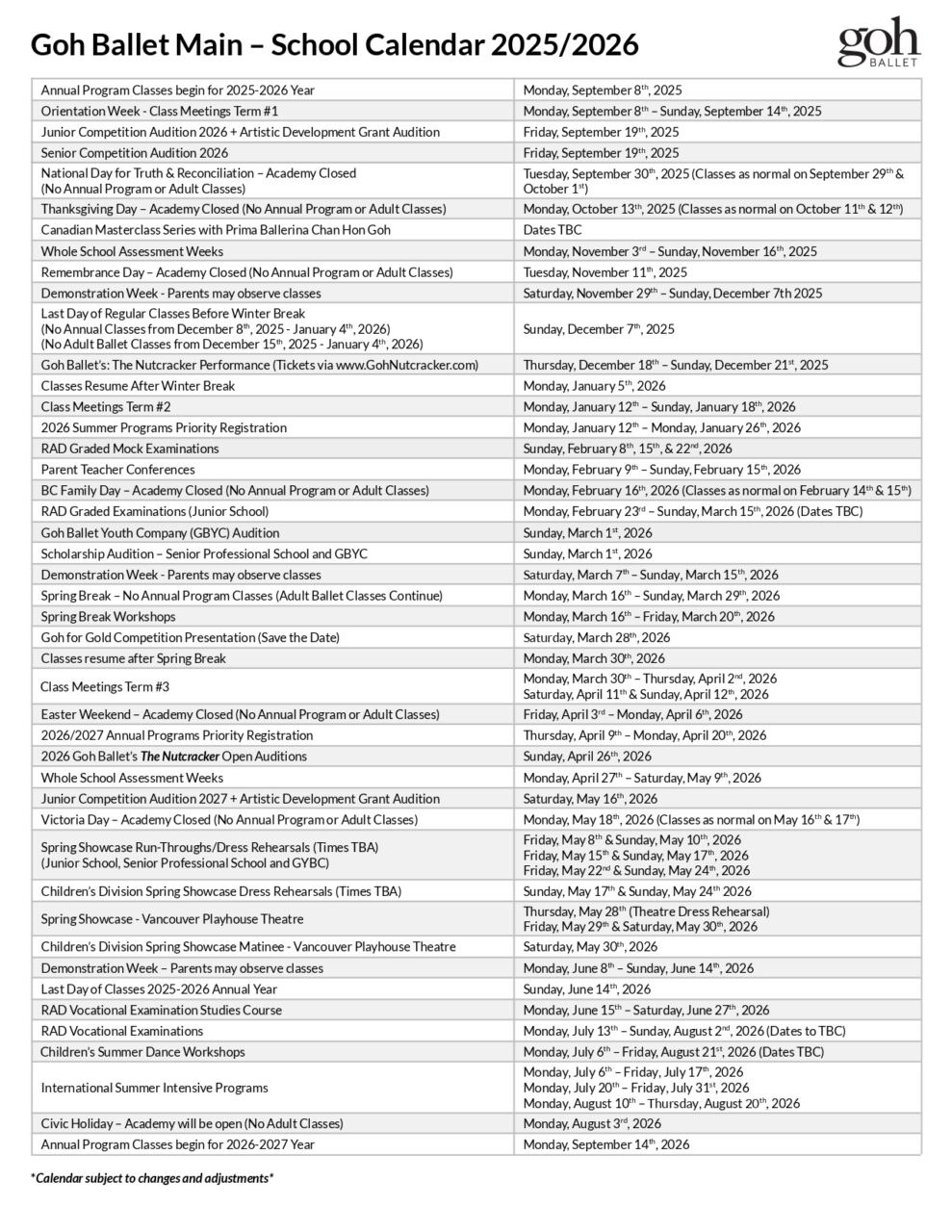 Vancouver Annual School Calendar - 2025/26