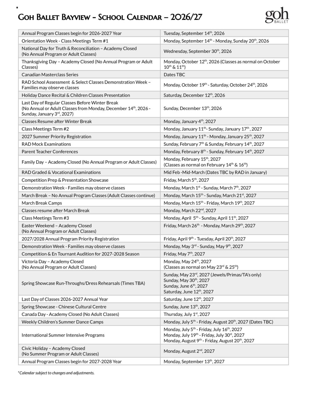Toronto Annual School Calendar - 2026/27