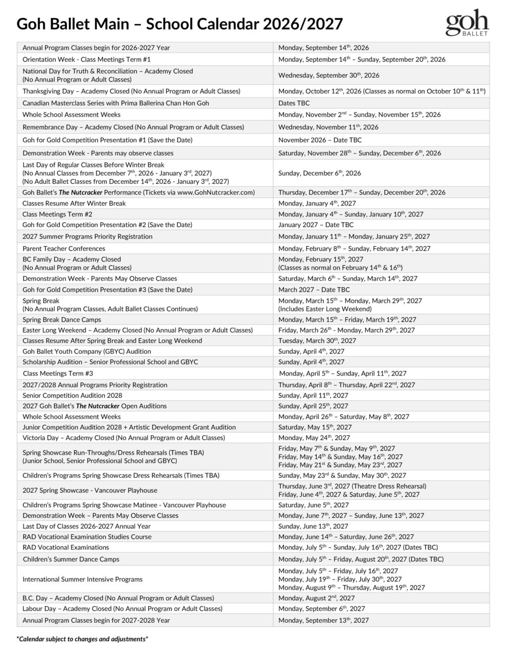 Vancouver Annual School Calendar - 2026/27