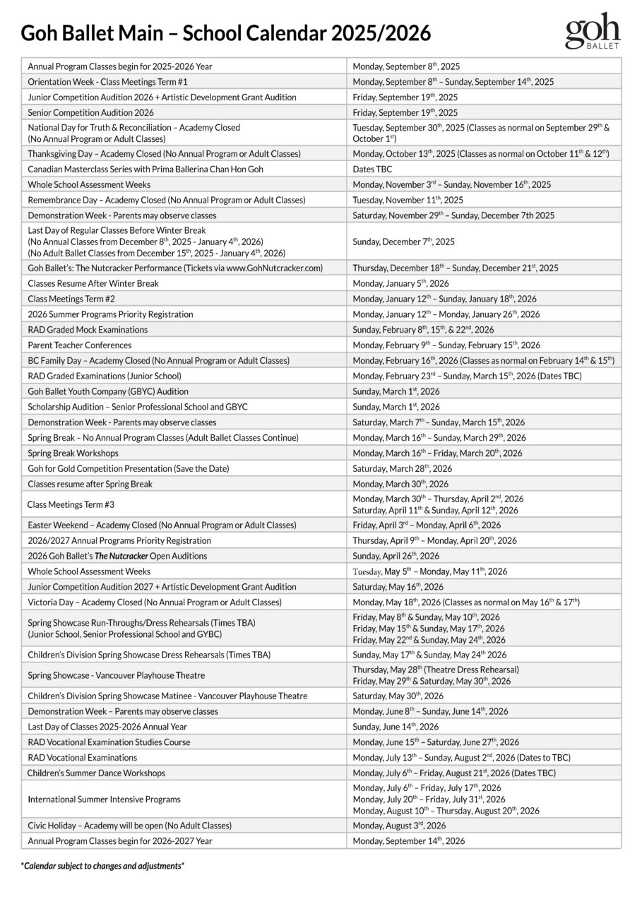 Vancouver Annual School Calendar - 2025/26